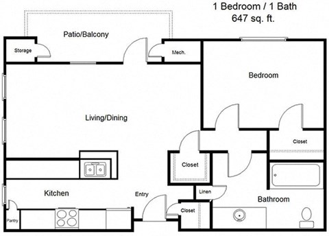 Floor plan for 1 bed, 1 bath, 647 sqft